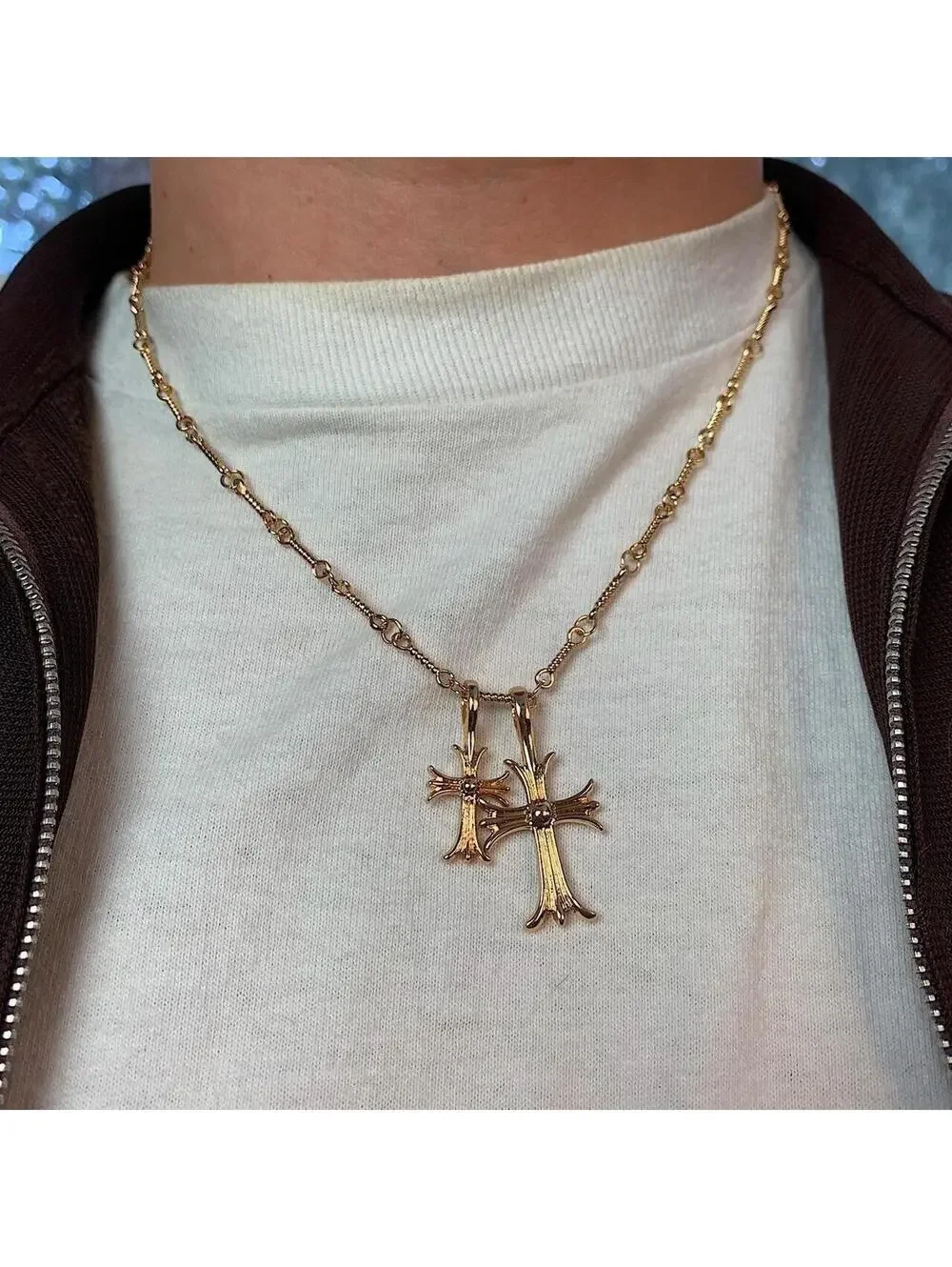 Vintage y2k 2000s style Double Cross Rhinestone Gold Necklace. Rhinestone